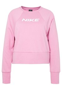 Sweat-shirt Nike rose à manches longues avec encolure ronde et logo Nike blanc centré sur la poitrine, présenté sur un fond blanc.