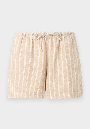 Pantalones cortos de lino beige con rayas verticales blancas, cintura elástica y cordón ajustable delantero sobre un fondo claro liso.