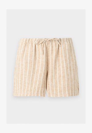 Pantalones cortos de lino beige con rayas verticales blancas, cintura elástica y cordón ajustable delantero sobre un fondo claro liso.