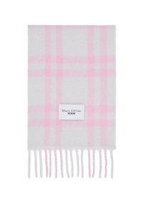 Écharpe gris clair avec motif à carreaux roses, bords frangés et une étiquette blanche affichant "Marc O'Polo DENIM." Texture douce.