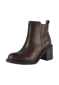 Stivale in pelle marrone alla caviglia con punta tondeggiante, pannelli elastici laterali e tacco spesso nero. Texture liscia con cuciture minime visibili.