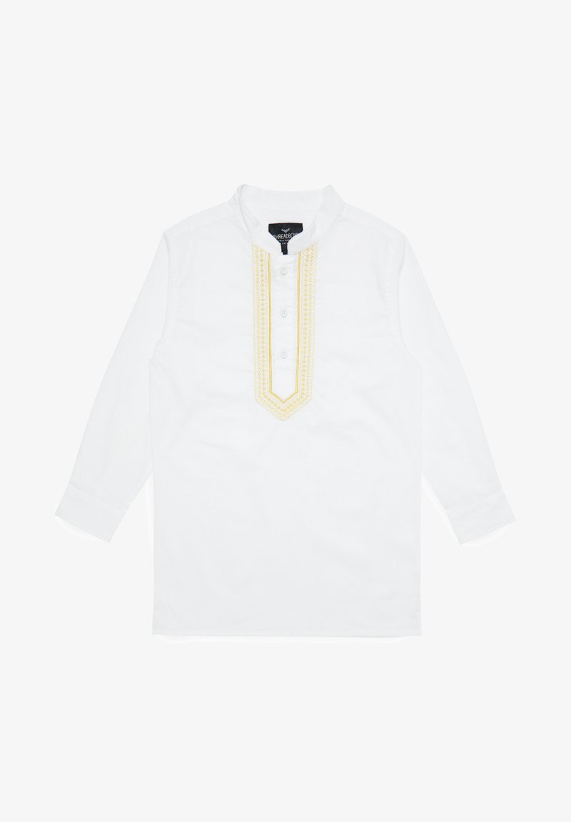 Weißes Langarmhemd mit Stehkragen, das ein dekoratives, gelbes gesticktes Muster entlang der Knopfleiste und der Manschetten aufweist.