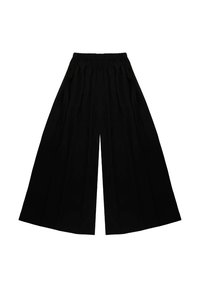 Czarne spodnie o szerokich nogawkach z teksturowanym wykończeniem, z elastycznym paskiem w talii i głębokimi pliskami, zapewniającymi luźny krój.