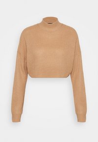 Oříznutý pletený svetr v světle béžové barvě, s vysokým límcem, dlouhými rukávy a texturovaným vzorem. Měkký materiál s volným střihem.