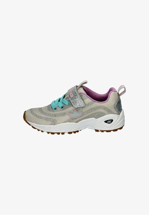 Sport shoe with a light gray fabric upper, teal laces, metallic silver strap, pink accents, and a textured white sole with brown traction.