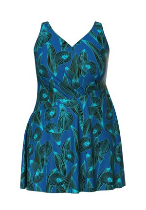 Abito azzurro senza maniche con scollo a V e motivo floreale astratto nero e turchese, caratterizzato da una vita aderente e una gonna svasata.