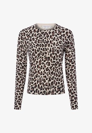 Long-sleeve leopard print button-up cardigan with round neckline, in beige, black, and brown tones, size small from Marie Lund Copenhagen.