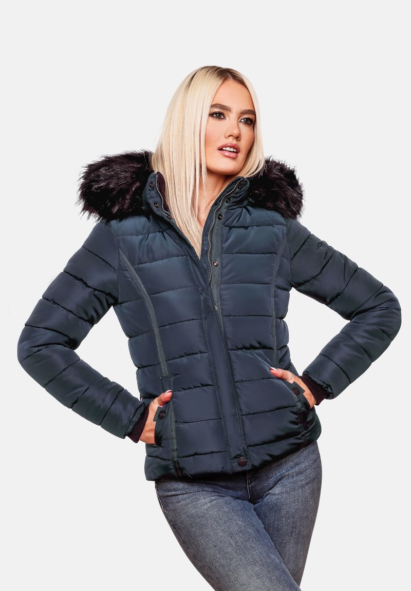 Navy puffer jacket with a faux fur hood, quilted design, zip front, and side pockets. Textured fabric with elastic cuffs and hem.
