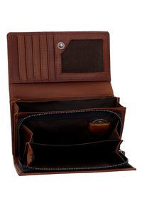 Pruun nahast rahakott on avatud, näidates mitut kaardiava, võrkvõrku ID aknaga, kahte peamist sahtlit ja lukuga münditaskut, kus sees on münt.