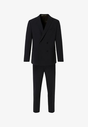 Double-breasted navy suit made of smooth fabric. Features a shawl collar, two front pockets, and straight-leg trousers with pressed creases.