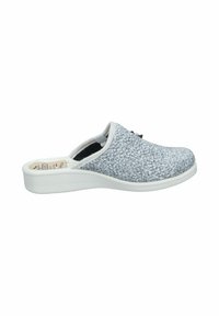 Gray textured slip-on clogs with a fuzzy upper, white sole, and soft lining. No visible hardware or patterns. Simple and ergonomic design.