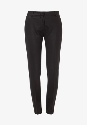 Sorte skræddersyede bukser lavet af glat stof, med slim fit, flad front og to sidelommer. Rene linjer og ingen synlige mønstre.
