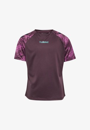 Sportsskjorte med korte ærmer i mørk lilla med mønstrede lilla ærmer og lyseblåt "hummel" logo på brystet.