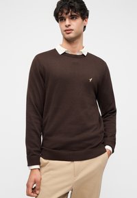 Pull en tricot marron avec un col rond et des poignets côtelés, porté par-dessus une chemise blanche à col. Présente un petit logo doré sur la poitrine.