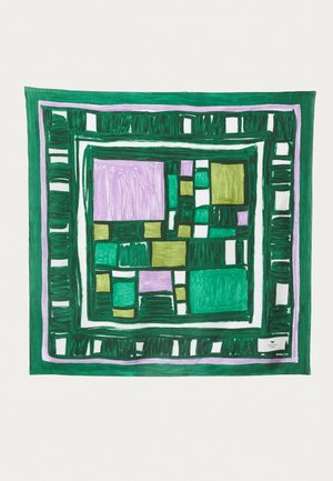 Grüner Textil mit Muster, das Rechtecke in verschiedenen Grüntönen, Lila und Gold zeigt. Umgeben von festen grünen und weißen Streifen.
