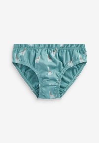 Børnesvømmebukser i teal med en blød tekstur. Har gentagne hvide dinosaurmotiver med orange detaljer. Elastisk talje.