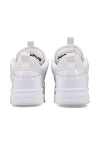 White sneakers with a smooth synthetic upper, mesh accents, and padded collars. Features a rubber sole and logo on the heel.