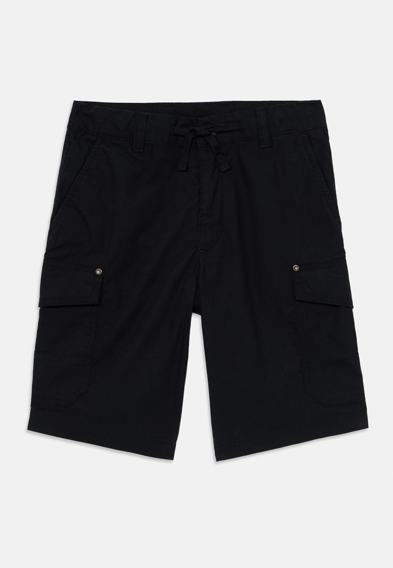 Juodi cargo šortai su raišteliu juosmenyje, dviem šoninėmis kišenėmis ir dviem cargo kišenėmis su spaustukais. Pagaminti iš lengvos medžiagos.