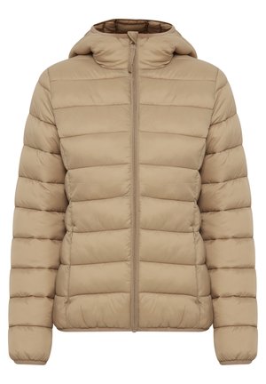 Beige dunjakke med hætte, der har quiltede sektioner, forreste lynlås og elastiske manchetter. Glat tekstur med et let design.