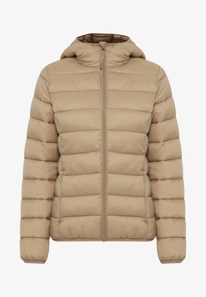 Beige puffer jakk, millel on kapuuts, tikitud osadega, esine lukuga ja elastsete mansettidega. Sile tekstuur kerge disainiga.