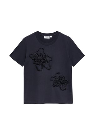 Navy blue short-sleeve T-shirt with round neck and two textured black floral appliques on front.