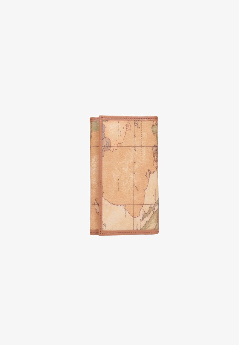 Portafoglio pieghevole realizzato in pelle texturizzata color tan, caratterizzato da un design con mappa vintage e dettagli marroni e verdi, con bordi cuciti.