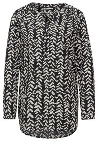 Blusa nera a maniche lunghe con un motivo astratto bianco di frecce, con scollo a V e vestibilità rilassata. Tessuto morbido.