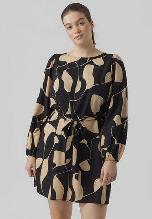 Vestido negro con estampado abstracto en crema, mangas largas abullonadas, cintura con lazo y escote redondo; fabricado en tejido ligero con acabado texturizado.