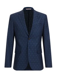 Navy blue blazer with a patterned fabric featuring small geometric shapes. Single button closure, notch lapels, and two front pockets.
