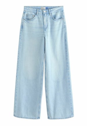 Hellblaue Jeans mit weitem Bein, vorne mit Knopf und Reißverschluss, Gürtelschlaufen und Fünf-Taschen-Design.