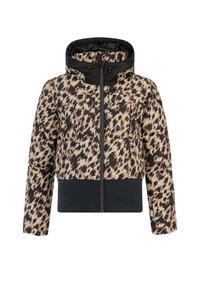 Gevoerde jas met een luipaardprint in beige en zwart, met een zwart kleurblok aan de onderrand en een capuchon. Inclusief twee voorzakken.