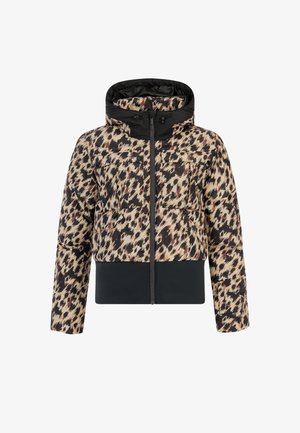 Gepolsterte Jacke mit einem Leopardenmuster in Beige und Schwarz, mit einem schwarzen Farbstreifen am Saum und einer Kapuze. Sie hat zwei Fronttaschen.