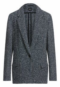 Navy blue blazer made of textured fabric with white flecks. Features a notched collar, single button closure, and two front pockets.