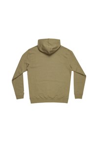 Hoodie in olijfgroen van katoen, met een kangoeroezak, ribgebreide manchetten en een iets verlengde zoom. Eenvoudig ontwerp.