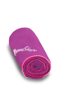 Purple fitness mat rolled tightly, featuring a smooth texture and pink accents along the edge with "HirvanaShape" printed in white.