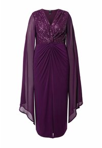 Fialové večerní šaty s korzetem z flitrů, průsvitnými zdobenými rukávy a stahováním v pase. Přední rozparek pro zdůraznění detailů.