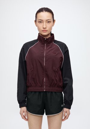 Une femme porte une veste bordeaux zippée à manches noires et un short de sport noir, sur un fond blanc uni.