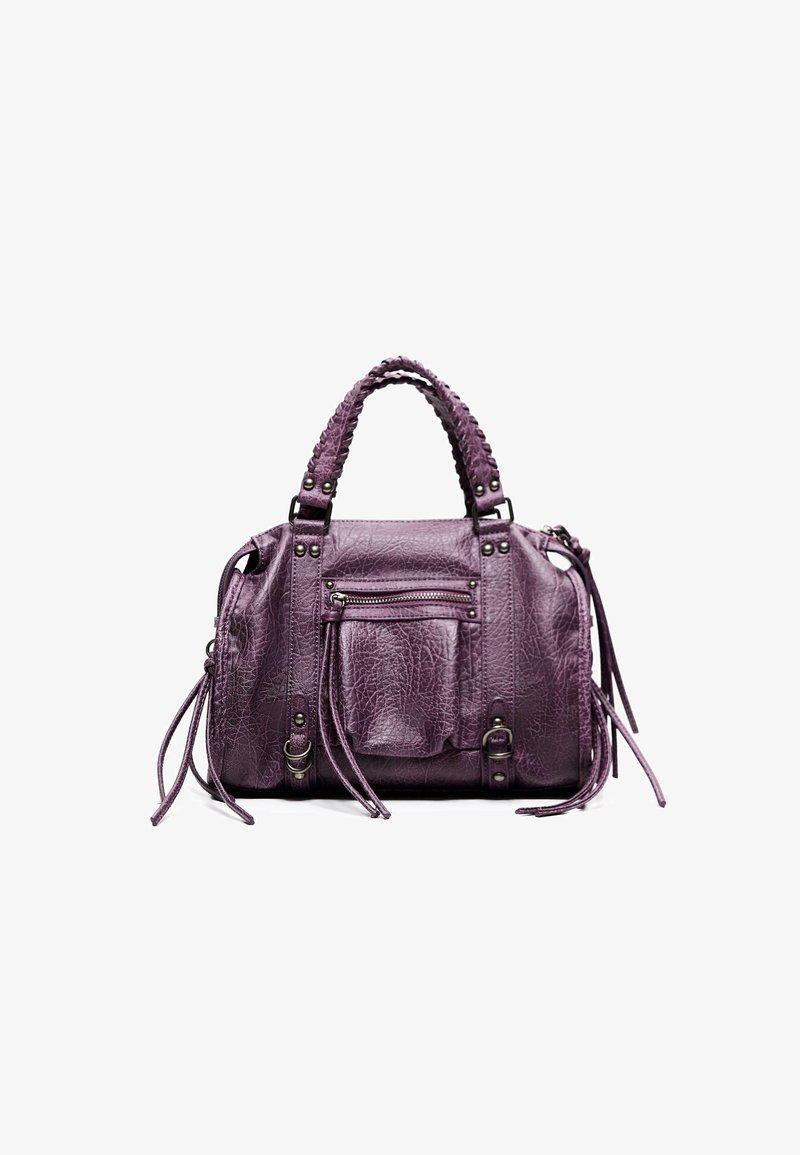 Purple leather handbag with a textured finish, braided handles, zippered pocket, and decorative fringes. Features metal hardware accents.