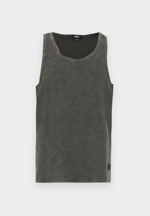 Tílko tmavě šedé barvy bez rukávů z žebrované látky, s kulatým výstřihem, rovnými lemy a malou značkovou nášivkou na boku.