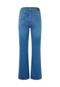 Jeans flare en denim bleu avec une taille haute. Dispose de deux poches arrière avec des coutures visibles et d'une étiquette en cuir marron à la taille.