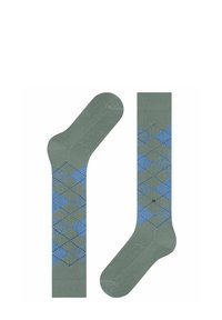 Calze verdi con un motivo a diamante in blu chiaro e blu scuro. Tessuto testurizzato con una finitura liscia. I dettagli includono un tallone e una punta verde uniforme.
