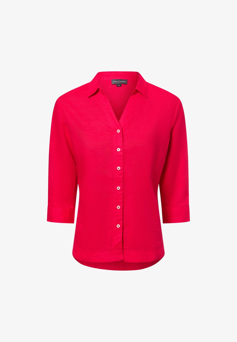 Fuchsia button-up shirt with a collar, three-quarter sleeves, and a slightly curved hem. Made from a lightweight fabric with a smooth texture.