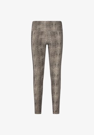 Legging met hoge taille en een panterprint patroon in grijstinten en beige op een witte achtergrond.