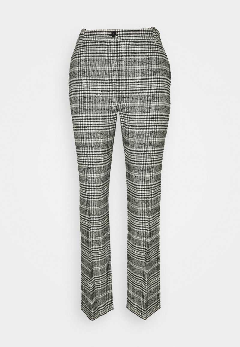 Pantalon à carreaux noir et blanc. Confectionné dans un tissu texturé, présentant une coupe droite, une poche avant et une fermeture par bouton.