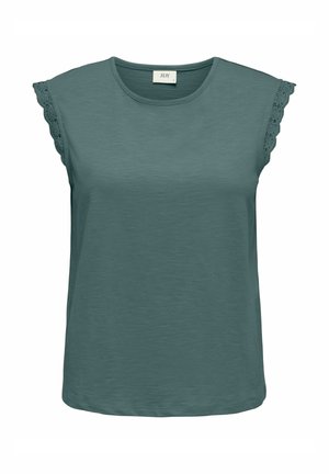 Green sleeveless top with round neckline and lace trim on the shoulders, made of textured fabric.