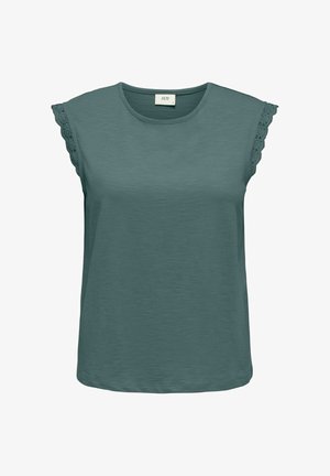 Green sleeveless top with round neckline and lace trim on the shoulders, made of textured fabric.