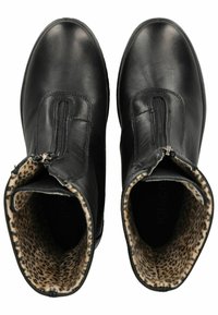 Black leather ankle boots with a zip closure; interior features a leopard print lining. Smooth texture and rounded toes.
