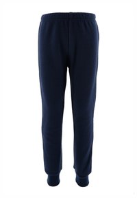 Marineblaue Fleece-Hosen mit elastischem Bund, schmal zulaufenden Beinen und gerippten Bündchen. Weicher Stoff ohne sichtbare Logos oder Muster.