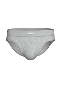 Gray men's brief made of soft fabric with a smooth texture. Low-rise design featuring a wide elastic waistband and subtle brand logo.