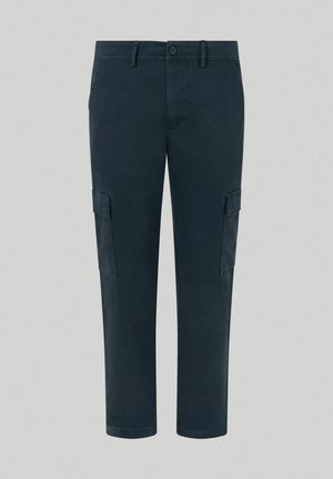 Pantaloni cargo blu scuro in cotone, con due tasche laterali e taglio dritto. Dotati di chiusura a bottone e passanti per la cintura.